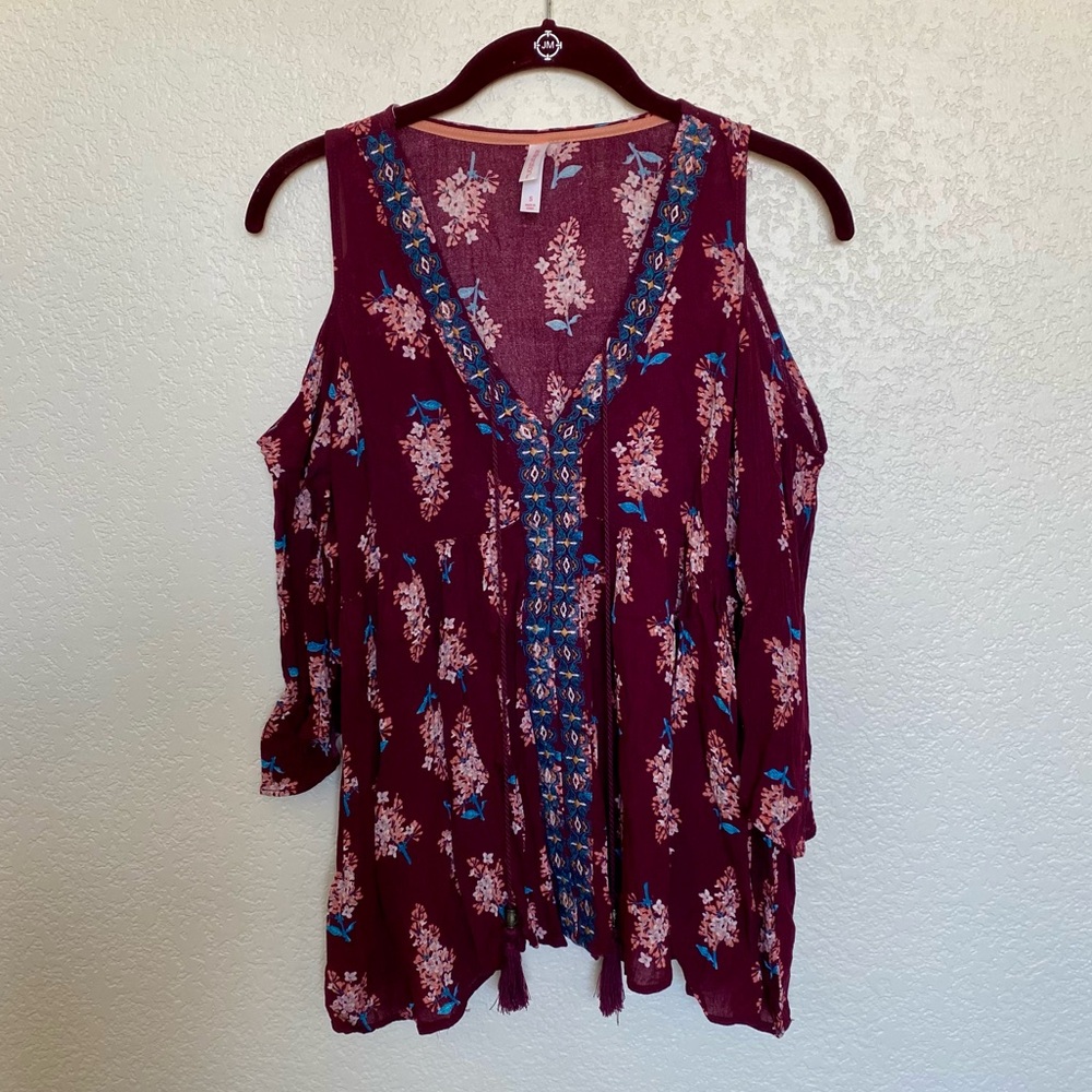 Floral Burgundy Cold Shoulder Blouse